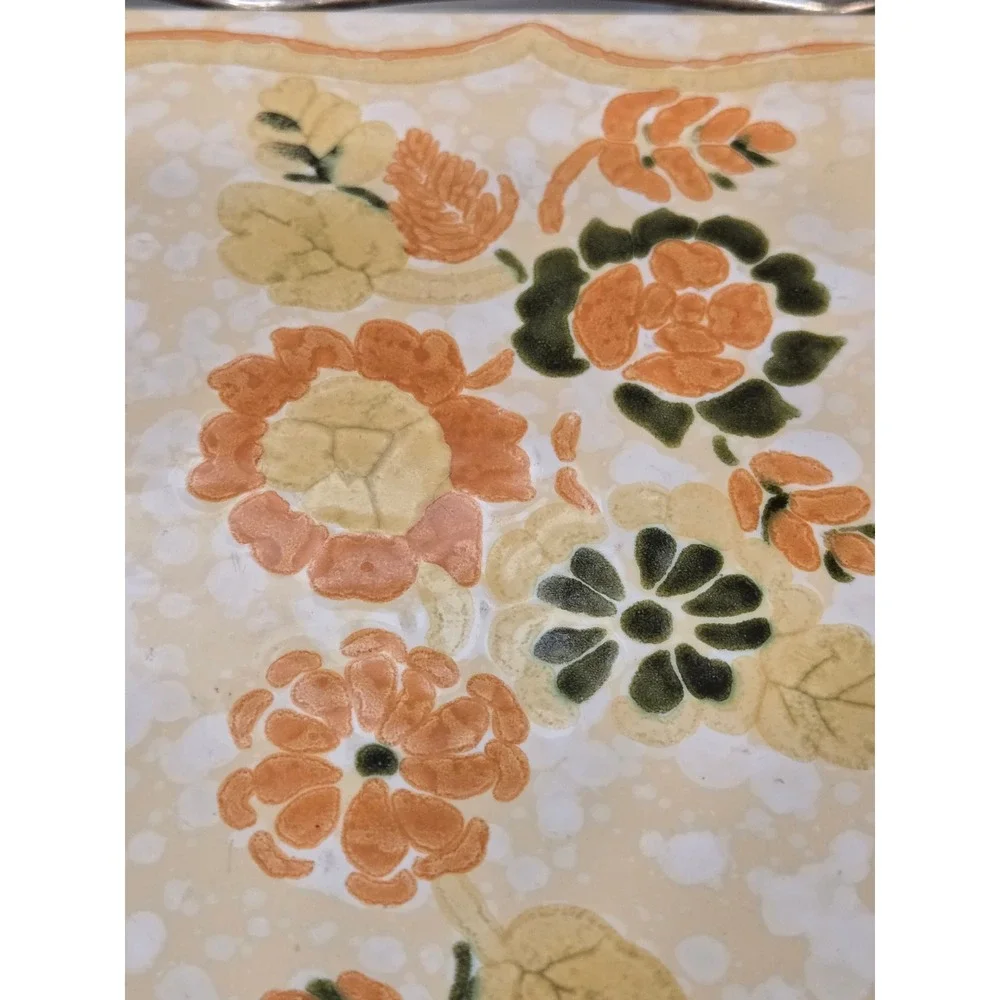 Vintage Semigres Italy Ceramic Floral Tile Trivet Chrome Stand Orange Green